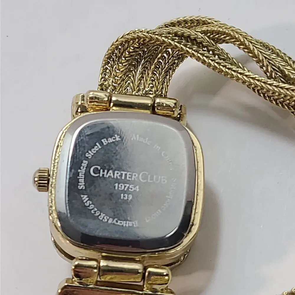 Charter Club Women's Gold Tone Blue Stone Closed Face Watch Tassel Link Works